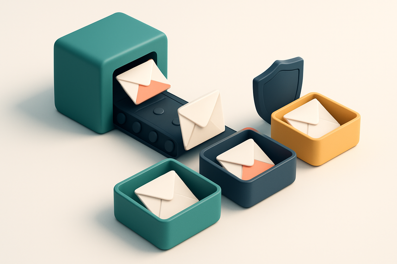 An isometric email inbox with a conveyor belt feeding envelopes into three labeled trays: green 'Valid', red 'Invalid',