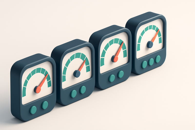 a row of four gauges with varying needle positions showing validation speed and accuracy