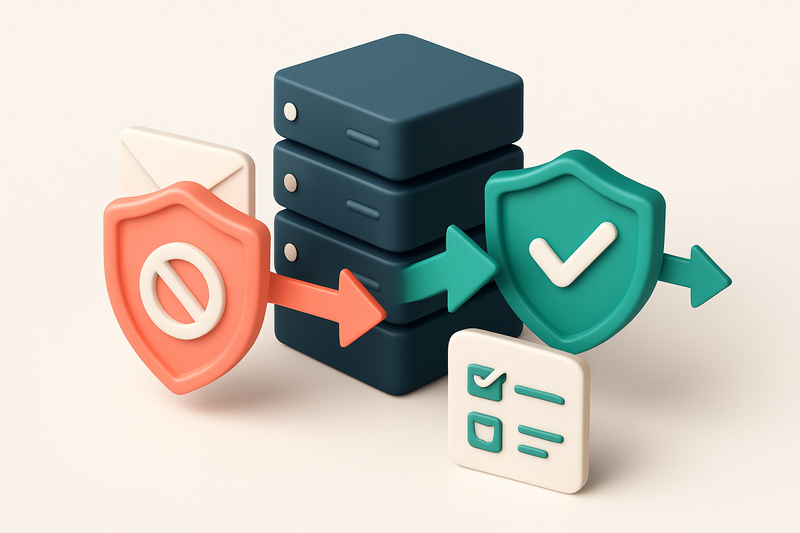 An isometric email server cluster with a red 'blocked' shield blocking outgoing messages, while a green 'verified' shiel