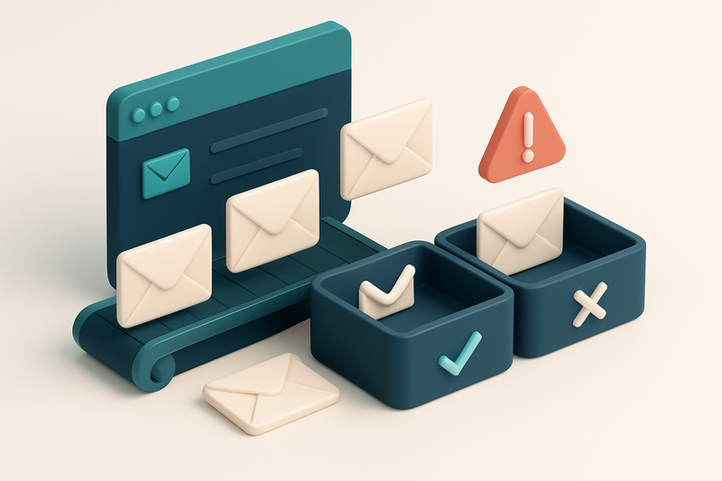 An isometric view of a franchise sales team’s inbox with a conveyor belt feeding in envelopes labeled with names and dom