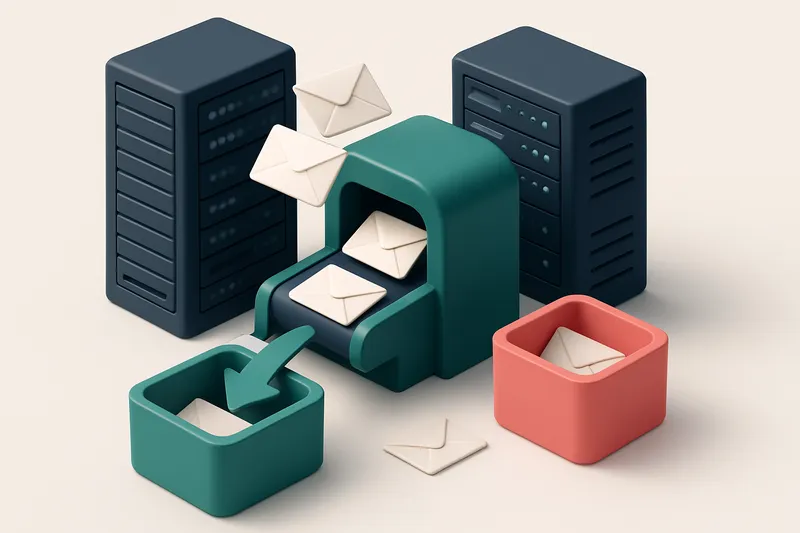 Hero: an isometric server room with envelopes flying through a scanner, green 'valid' arrows and red 'invalid' bins sort