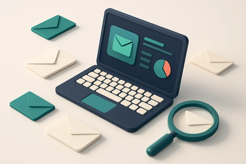 Hero: an isometric desk setup with a laptop showing an email testing dashboard, surrounded by envelopes and a magnifying
