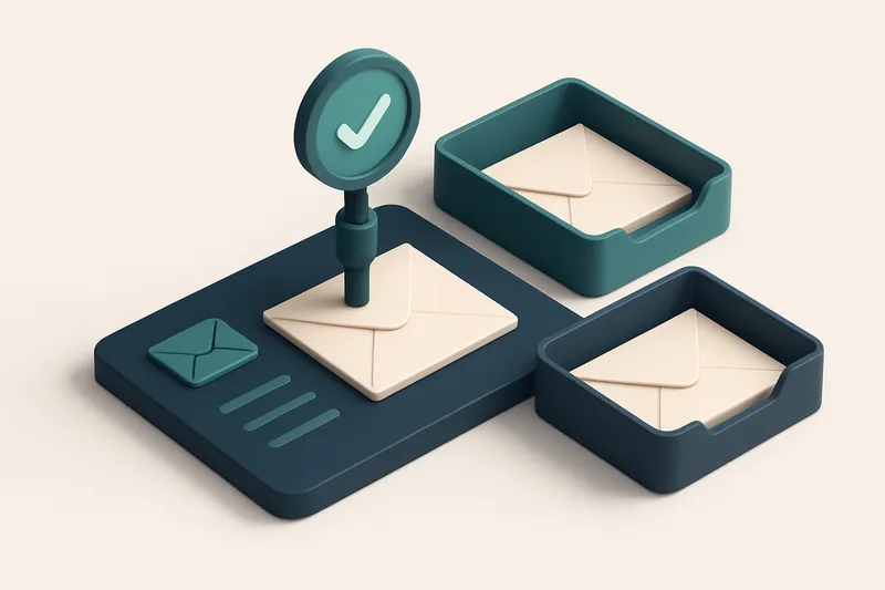 Hero: an isometric email dashboard with envelopes being verified by a precision instrument, showing 'valid' and 'risky'