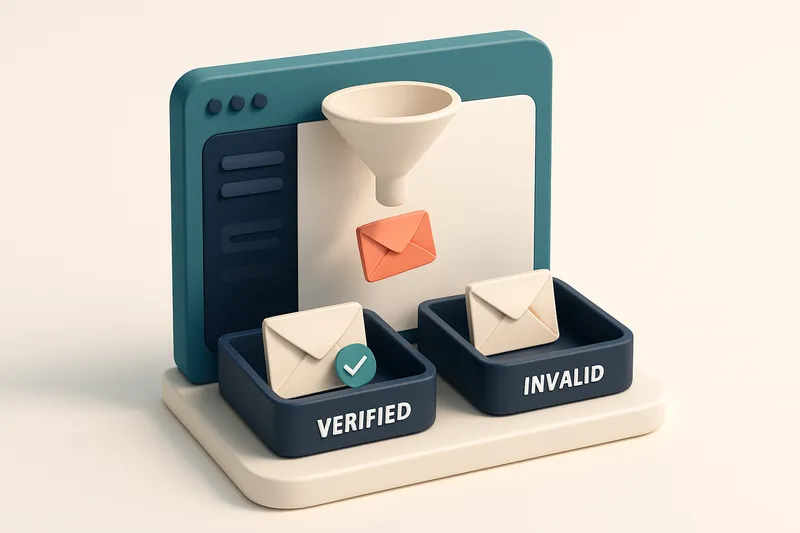 Hero: an isometric view of an email dashboard with envelopes being filtered by a funnel into two trays, one marked 'Veri