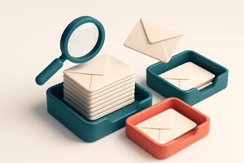 Hero: an isometric email inbox with envelopes being sorted onto a green 'valid' tray and a red 'invalid' tray, a magnify