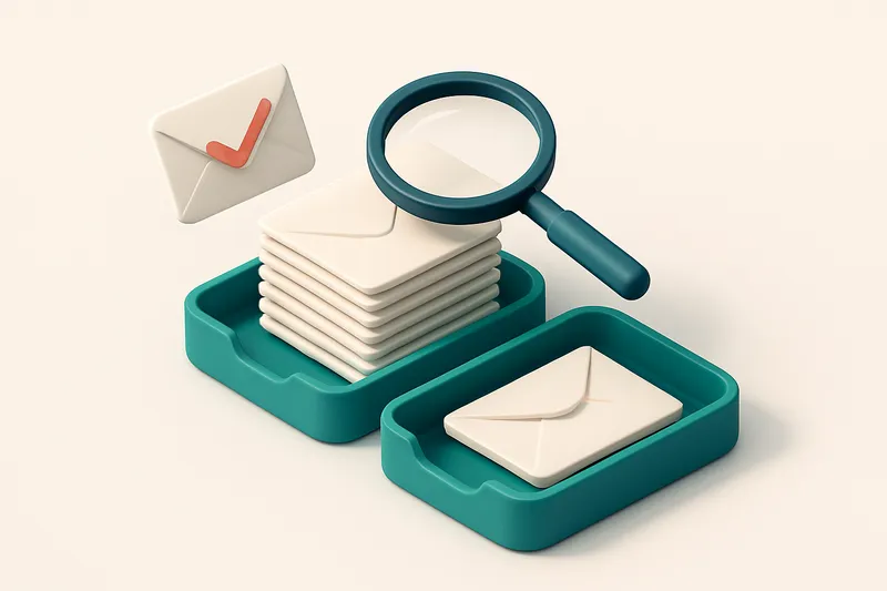 Hero: An isometric email inbox with envelopes being sorted onto a green 'valid' tray and a red 'invalid' tray, a magnify