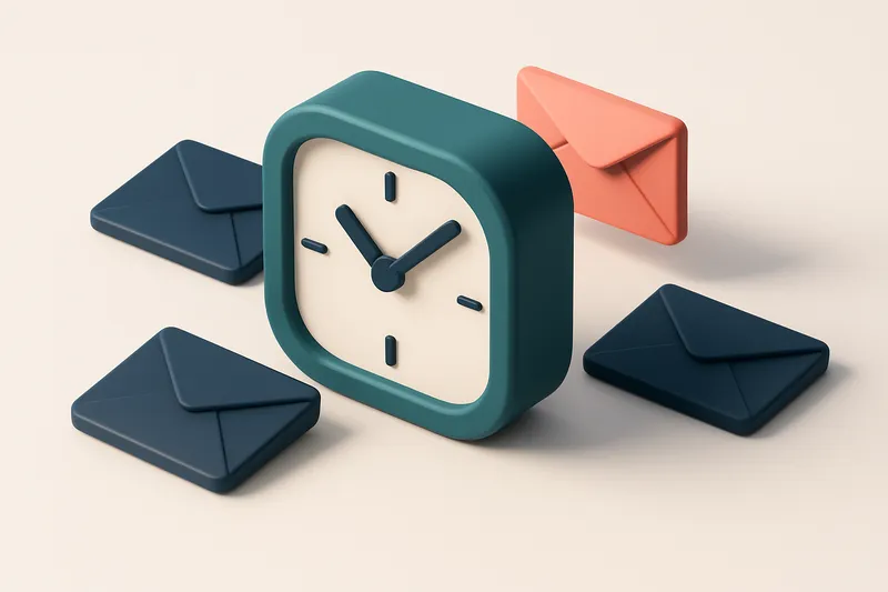 Hero: an isometric digital clock surrounded by envelopes, representing the concept of timing emails for send optimizatio