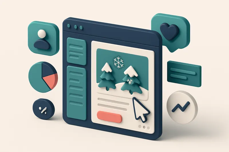 Hero: an isometric dashboard scene showing an email newsletter template with winter elements being edited, surrounded by