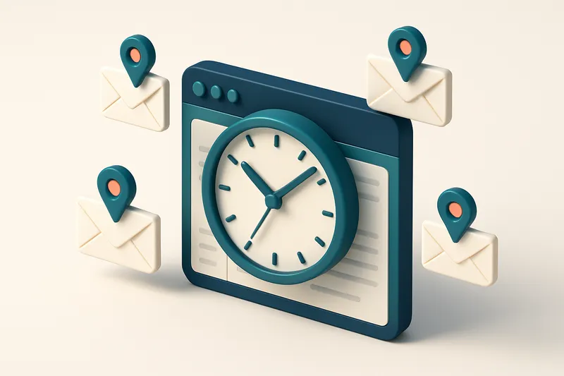 Hero: an isometric scene showing a clock integrated into an email dashboard, surrounded by email icons symbolizing diffe