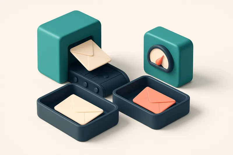 Hero: a 3D isometric illustration showing an inbox with emails being sorted by a conveyor belt into two trays, one marke