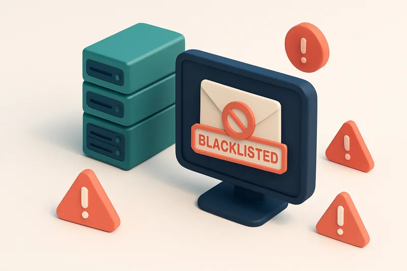 Hero: A 3D isometric illustration of email servers with a red 'blacklisted' stamp on a computer screen, surrounded by wa