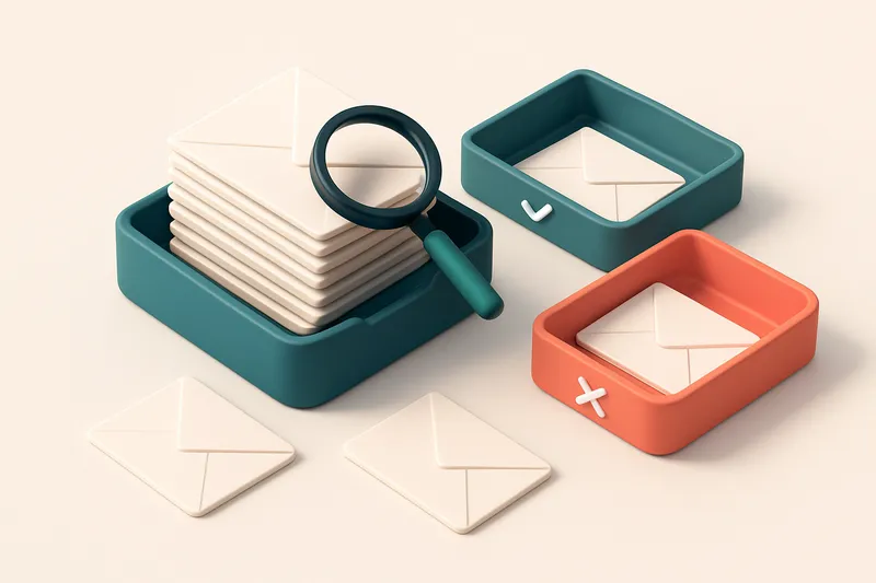 Hero: an isometric illustration of an email inbox with envelopes being sorted onto a green 'valid' tray and a red 'inval