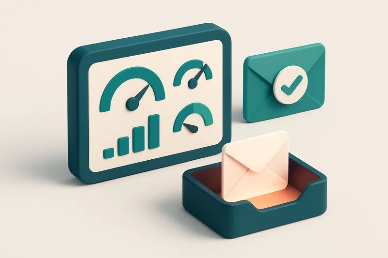 Hero: an isometric illustration of a dashboard with engagement metrics represented as gauges, an envelope with a check m