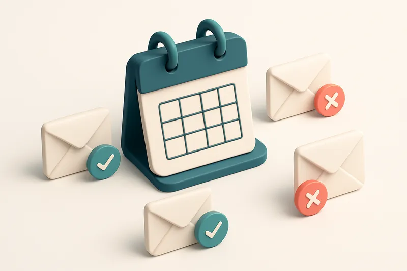 Hero: an isometric view of a digital calendar page displaying May, surrounded by email envelopes with green checkmarks a