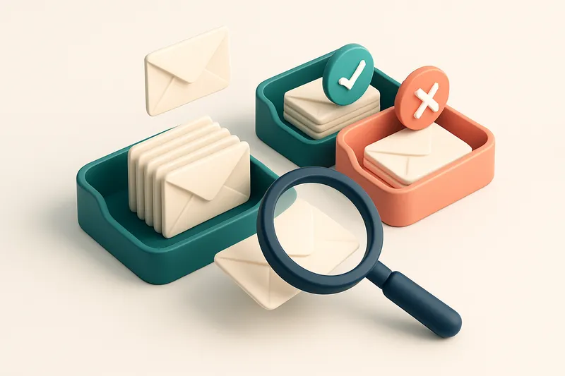 Hero: an isometric email inbox with envelopes being sorted into green 'valid' and red 'invalid' trays, a magnifying glas
