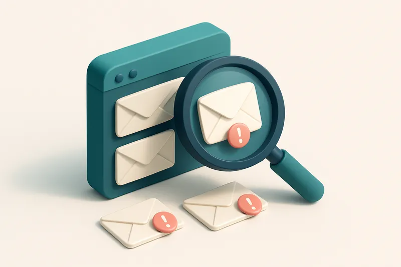Hero: an isometric illustration of a digital magnifying glass examining an email inbox with suspicious-looking envelopes