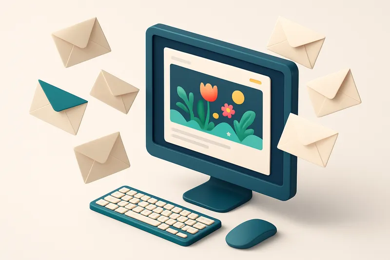 Hero: an isometric scene of a desktop computer displaying a vibrant spring-themed email campaign with envelopes scatteri