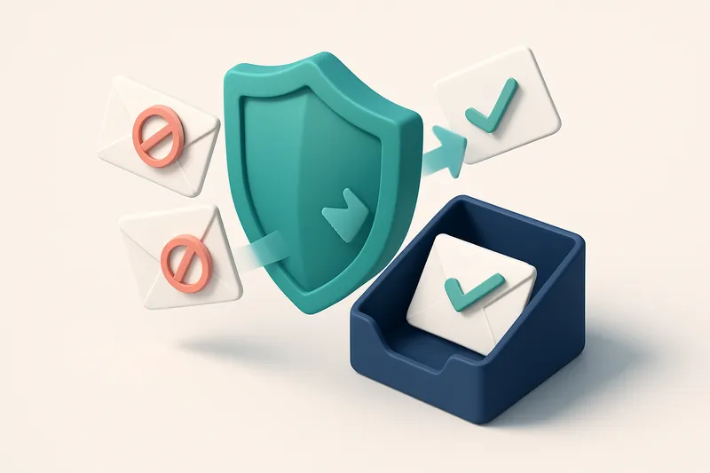 Hero: an isometric illustration of a digital shield blocking spam emails, with checkmarks on valid emails passing throug