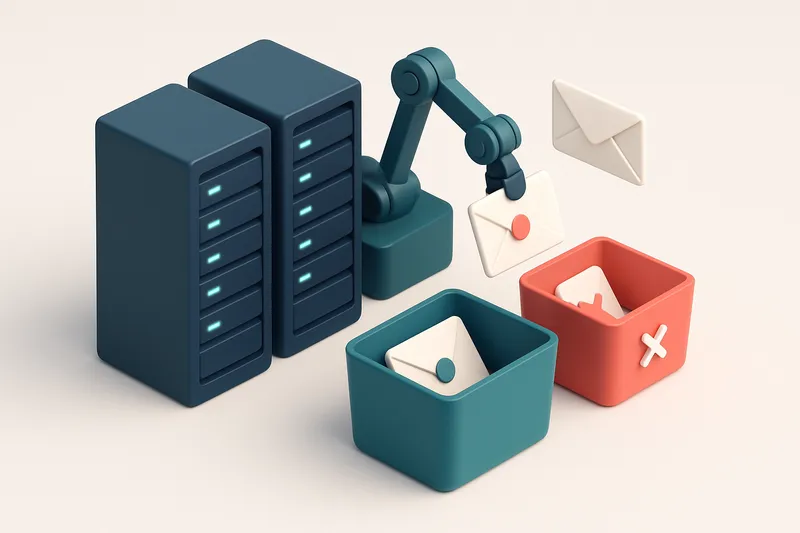 Hero: an isometric server room with emails being checked by a mechanical arm, sorting valid emails into a green bin and