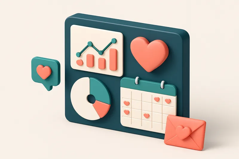 Hero: an isometric dashboard for a February marketing campaign, featuring Valentine's themed icons and a calendar.