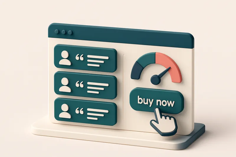 Hero: an isometric scene of a service page with highlighted testimonials, a conversion rate gauge, and a cursor clicking