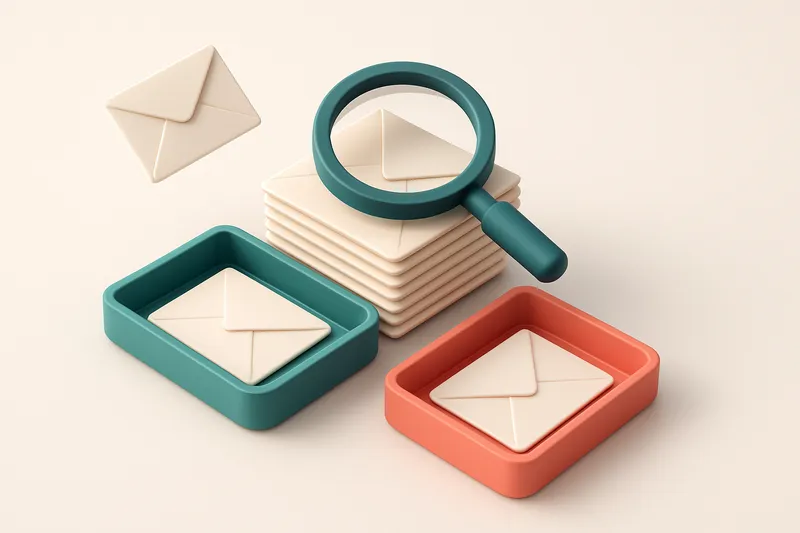 Hero: An isometric email inbox with envelopes being sorted onto a green 'valid' tray and a red 'invalid' tray, a magnify
