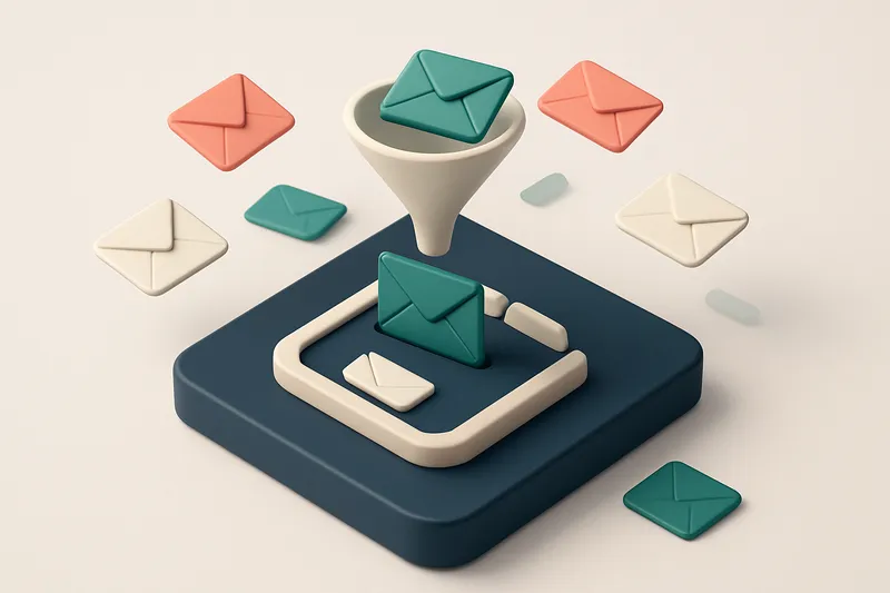 Hero: an isometric email inbox with various colorful envelopes being sorted by a digital funnel, highlighting priority.