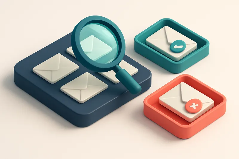 Hero: an isometric view of an email inbox with envelopes being scanned by a high-tech magnifying glass, with a blue 'ver