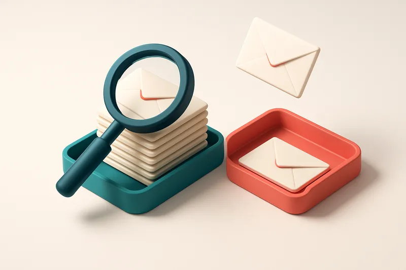 Hero: An isometric email inbox with envelopes being sorted onto a green 'valid' tray and a red 'invalid' tray, a magnify
