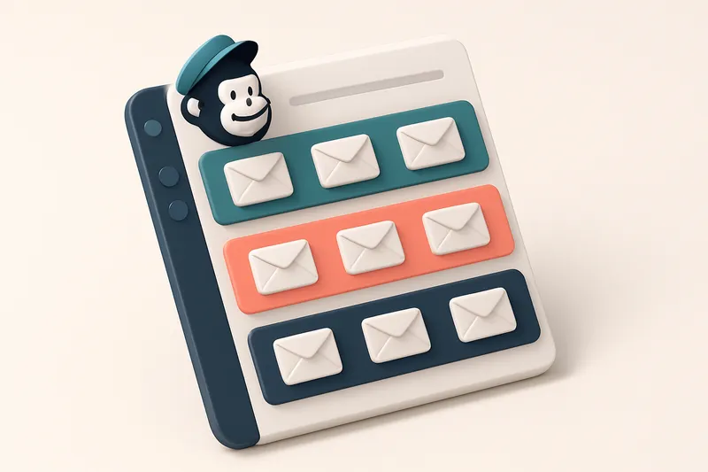 Hero: an isometric Mailchimp dashboard with segmented email lists visually separated by colored dividers, depicting clas