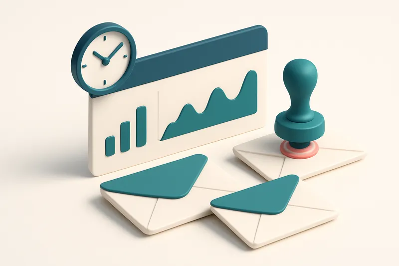 Hero: an isometric email dashboard with a wall clock, envelopes being stamped with timestamps, and analytics graphs show