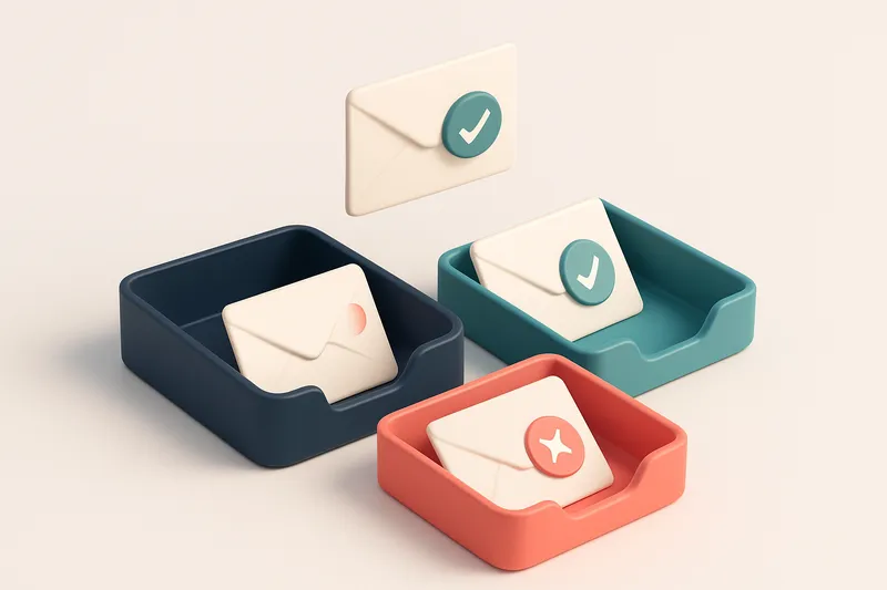 Hero: An isometric email inbox with emails being sorted; valid emails sorted into a green tray and invalid ones sorted i