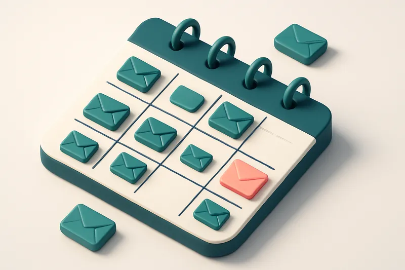 Hero: an isometric scene of a digital calendar with email icons arranged on different days, highlighting specific days w