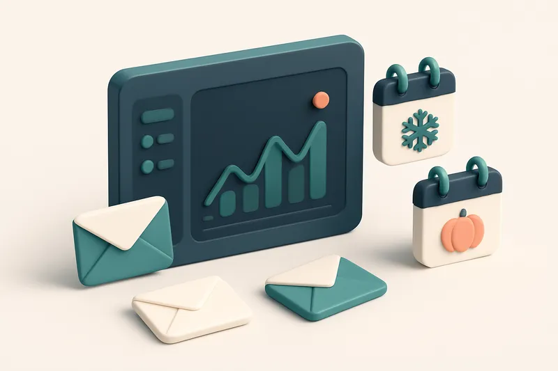 Hero: an isometric scene of an email marketing dashboard showing spikes in engagement, with envelopes and calendar items