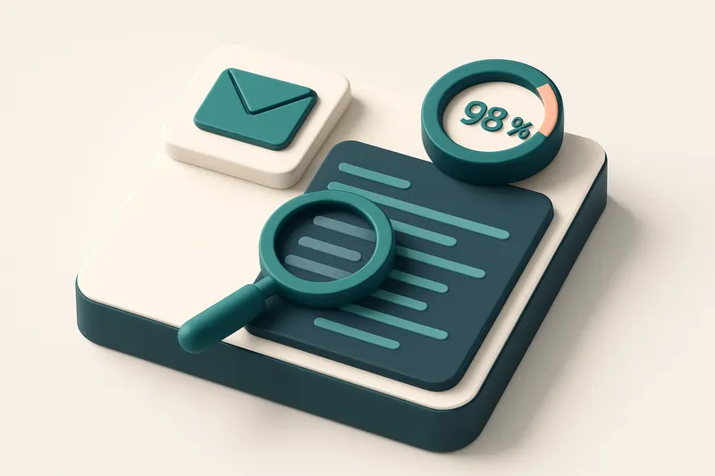 Hero: an isometric view of a digital dashboard with an email icon, a magnifying glass scanning lists, and a percentage g