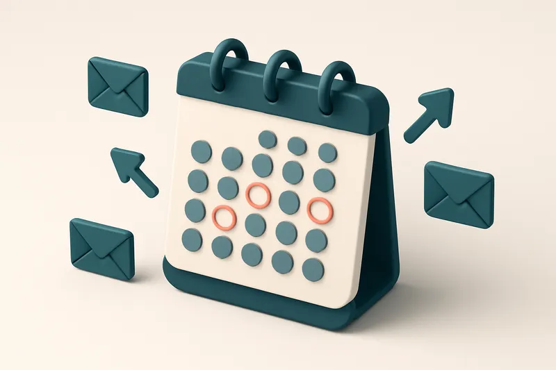 Hero: an isometric illustration of a digital calendar for January with circled dates, surrounded by email icons and arro