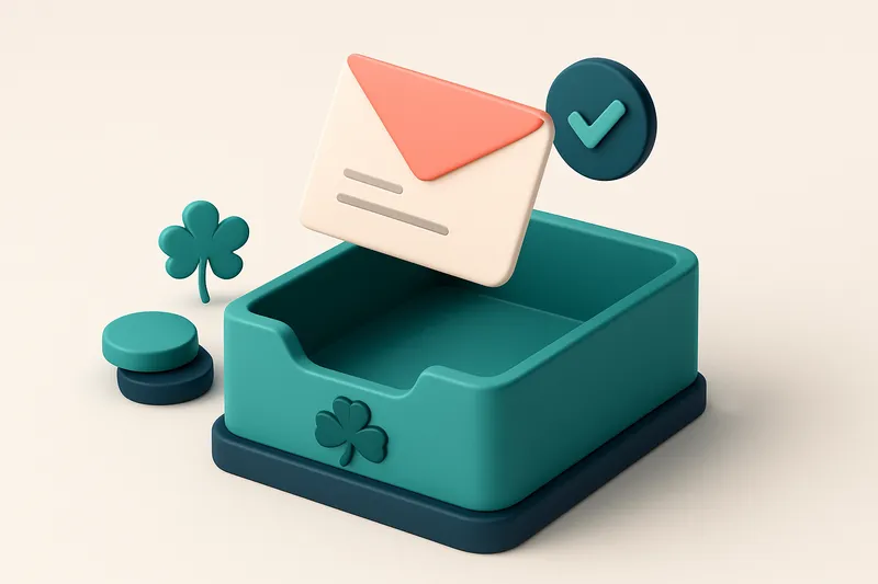 Hero: A 3D isometric scene of an email hitting a shamrock-marked inbox, symbolizing a successful St. Patrick's Day theme