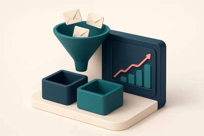 Hero: an isometric dashboard with a funnel at the top where emails are being filtered into two boxes labeled 'valid' and