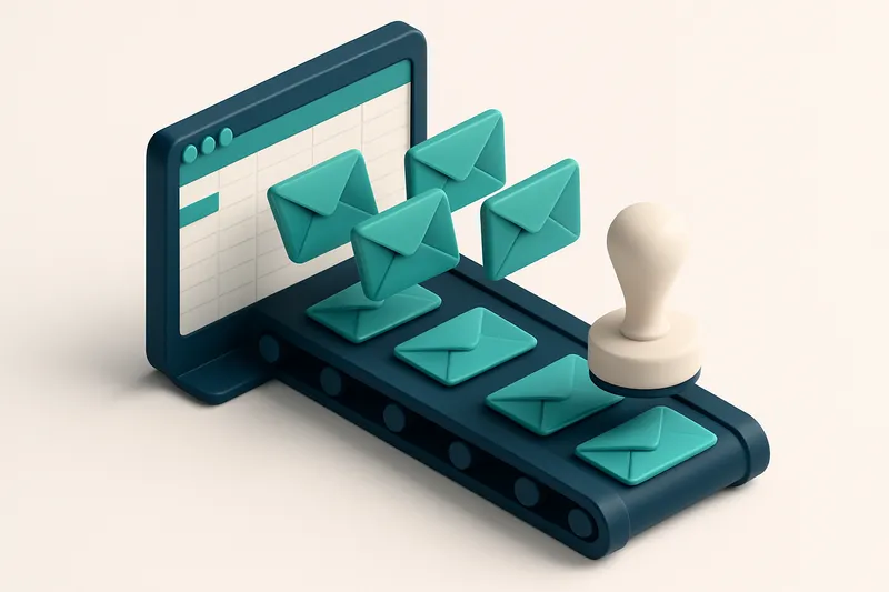 Hero: an isometric illustration of an open 3D Excel sheet with email icons flying out of the screen, onto a conveyor bel