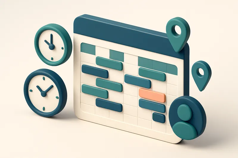 Hero: a 3D isometric illustration of a dashboard displaying varied schedules on a digital calendar, with small clock ico