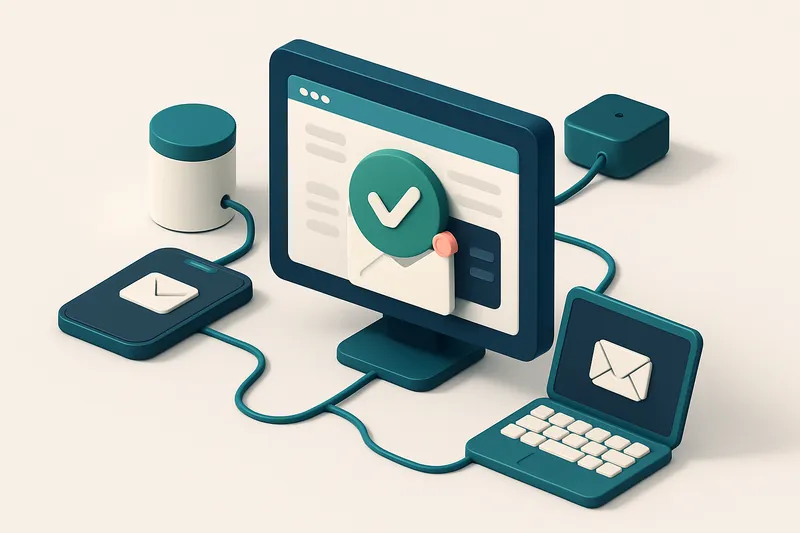 Hero: an isometric scene showing a digital dashboard surrounded by interconnected devices, depicting email verification