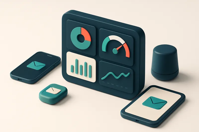 Hero: an isometric dashboard with various graphs and gauges showcasing email marketing platform metrics, surrounded by d