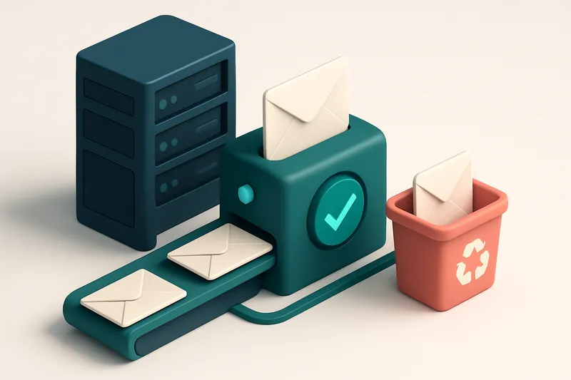 Hero: an isometric email server room with envelopes being scanned by a digital verification tool, with a green light for