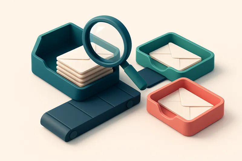 Hero: an isometric email inbox with envelopes being sorted onto a green 'valid' tray and a red 'invalid' tray, a magnify