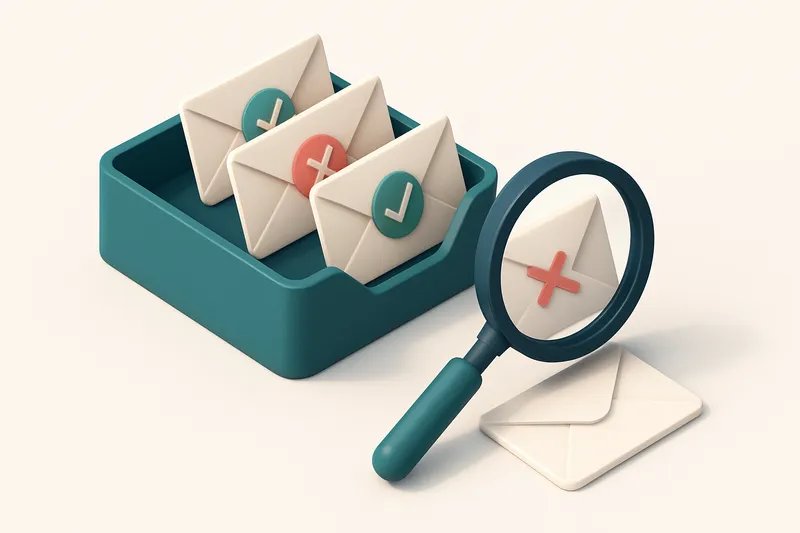 Hero: an isometric email inbox with envelopes being scanned by a magnifying glass, showing checkmarks on 'valid' emails