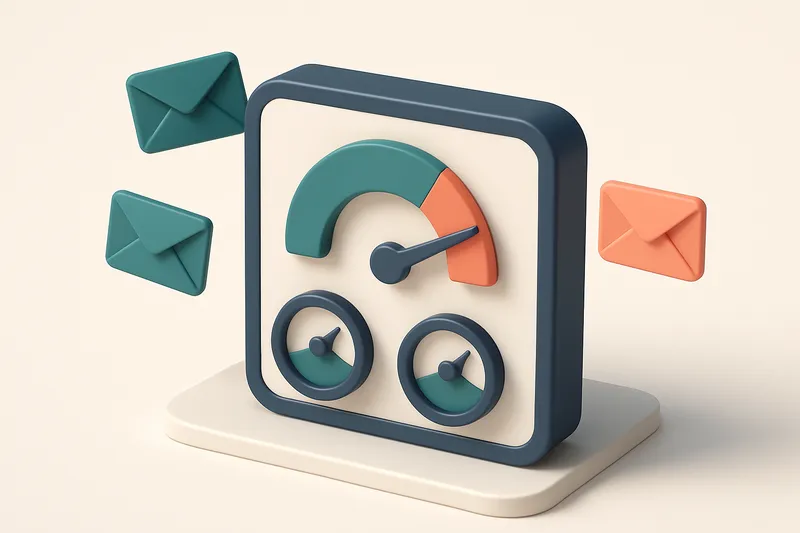 Hero: an isometric email dashboard illustrating a large gauge showing CTR percentage with smaller gauges indicating conv