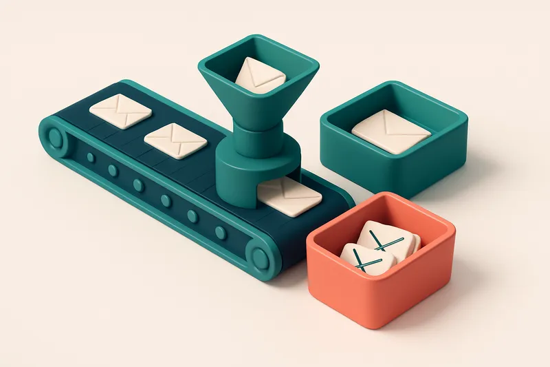 Hero: an isometric scene of emails being sorted on a conveyor belt, with a filter separating valid addresses into a gree