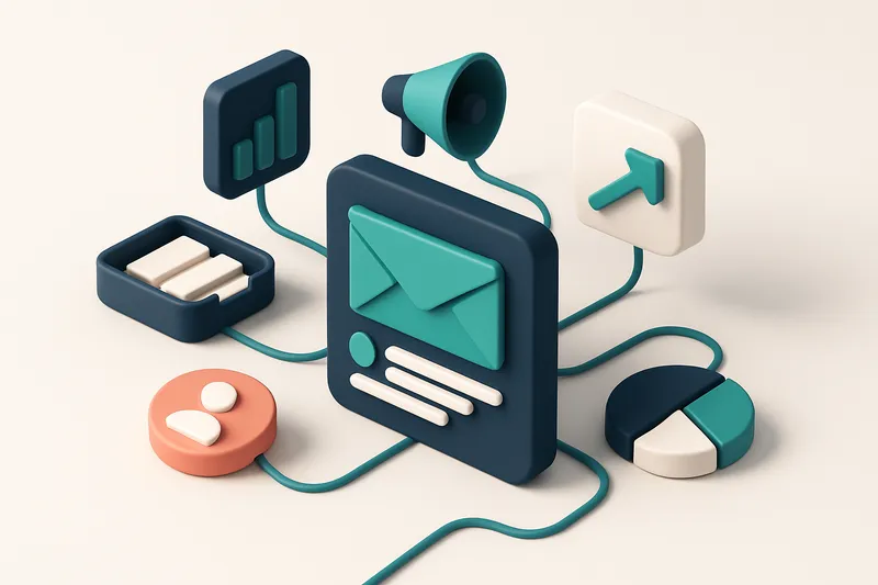 Hero: an isometric email dashboard with various email marketing tools represented as tangible icons, connected by flowin