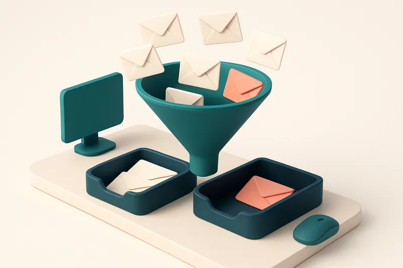 Hero: an isometric scene of a large digital funnel, filtering incoming email envelopes into separate 'clean' and 'risky'