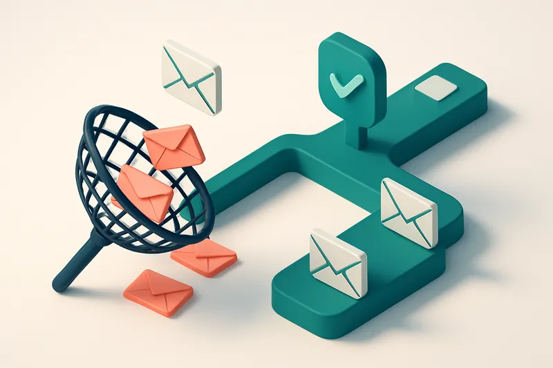 Hero: an isometric illustration featuring an email network, with some envelopes falling into a suspicious 'spam trap' ne